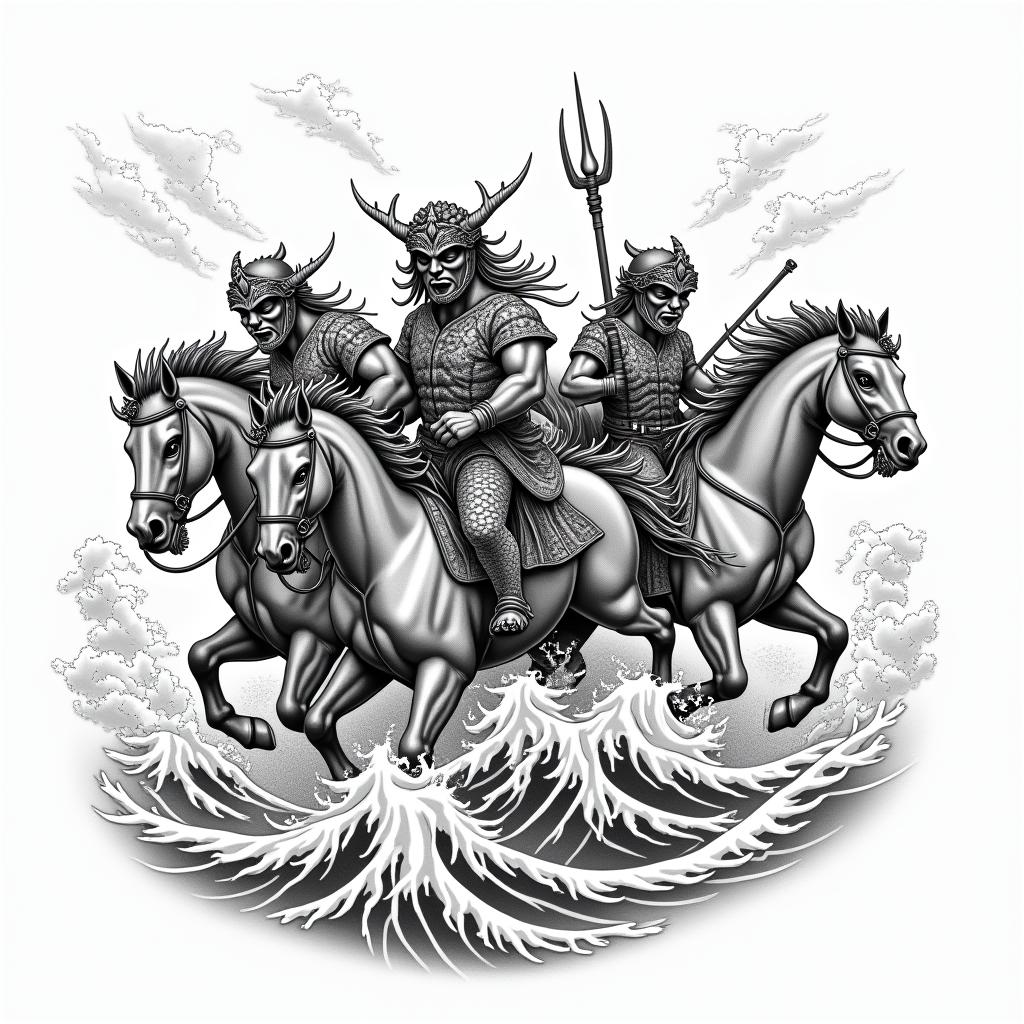 The four horsemen of the apocalypse chased by Japanese waves.in japanese style tattoo, detailed tattoo, traditional japanese culture tattoo, mythology, 8k - Variation 4