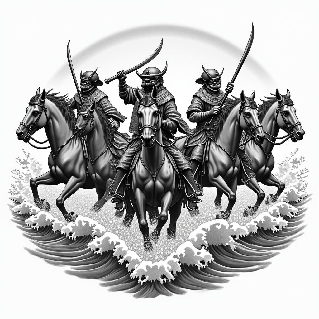 The four horsemen of the apocalypse chased by Japanese waves.in japanese style tattoo, detailed tattoo, traditional japanese culture tattoo, mythology, 8k - Variation 3