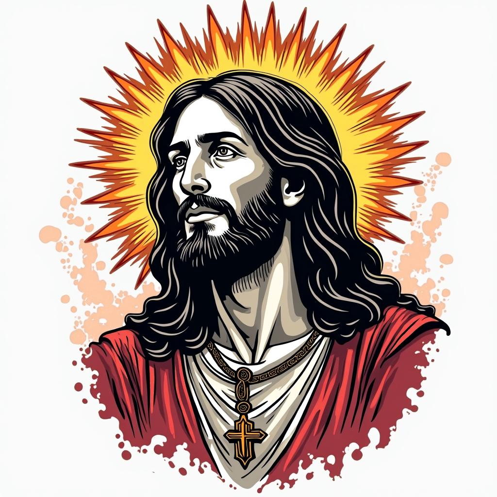 Jesus Christin pop art style tattoo, featuring bold and vibrant colors, exaggerated outlines, iconic imagery, inspired by comic books and speech bubbles, comic book characters, retro pop culture - Variation 2
