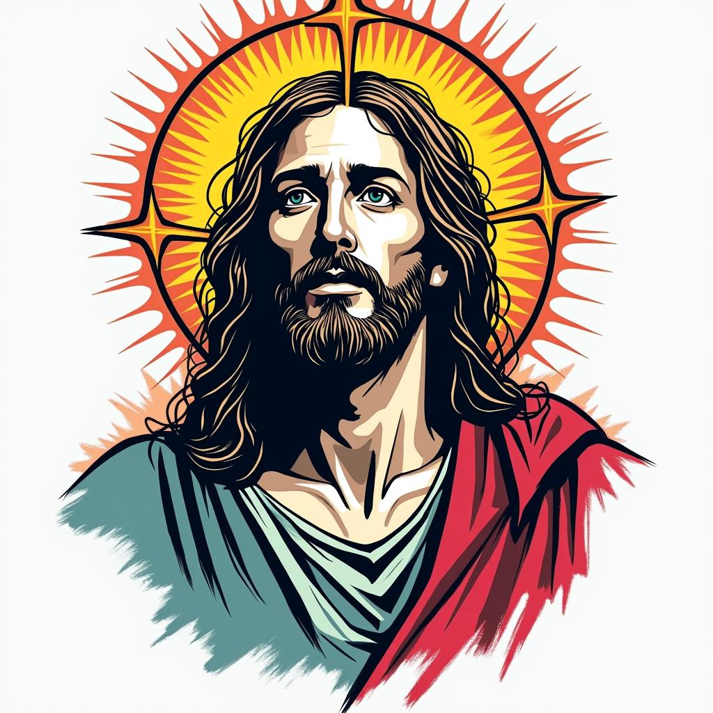 Jesus Christin pop art style tattoo, featuring bold and vibrant colors, exaggerated outlines, iconic imagery, inspired by comic books and speech bubbles, comic book characters, retro pop culture