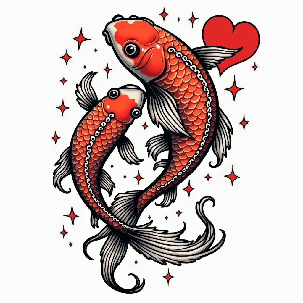 Koi fishin pop art style tattoo, featuring bold and vibrant colors, exaggerated outlines, iconic imagery, inspired by comic books and speech bubbles, comic book characters, retro pop culture