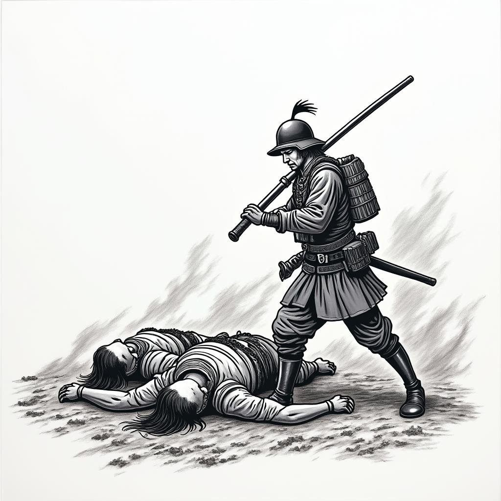 Japanese battle scene. 1 lone soldier left. Bodies on the ground behind himin authentic tattoo style, incorporating traditional modifications, bold black outlines, solid color fills, featuring classic authentic elements - Variation 2