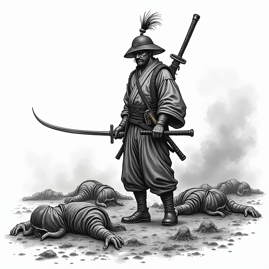 Japanese battle scene. 1 lone soldier left. Bodies on the ground behind himin authentic tattoo style, incorporating traditional modifications, bold black outlines, solid color fills, featuring classic authentic elements - Variation 3