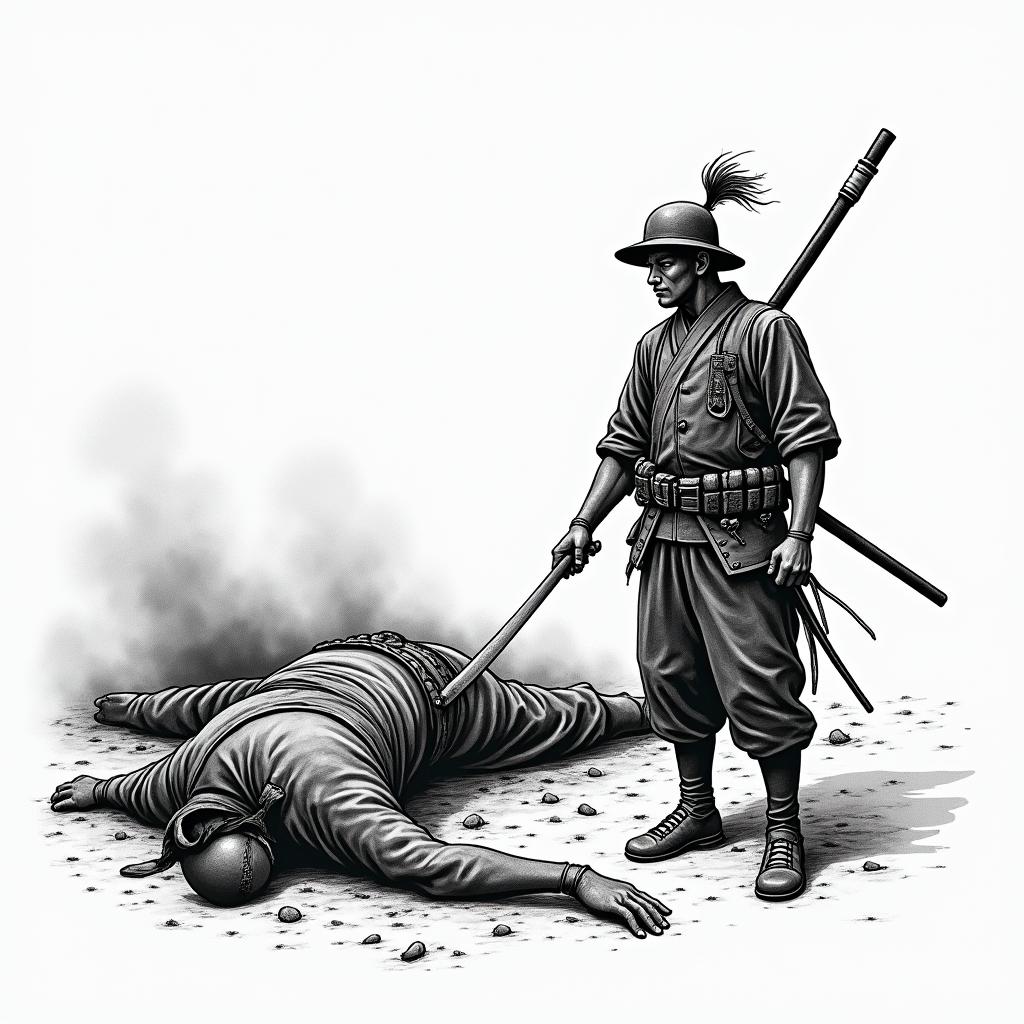 Japanese battle scene. 1 lone soldier left. Bodies on the ground behind himin authentic tattoo style, incorporating traditional modifications, bold black outlines, solid color fills, featuring classic authentic elements