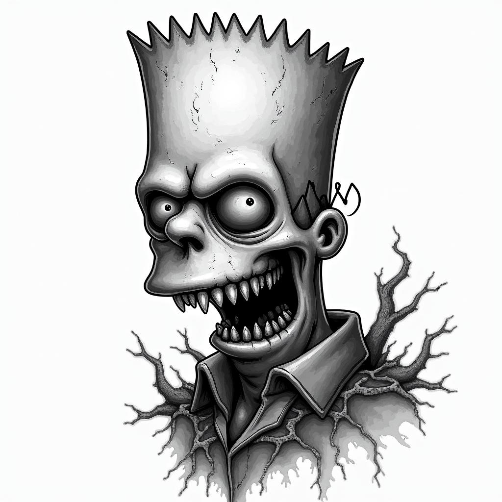 Bart Simpson in horror tattoo style, showcasing haunting and unsettling, dark and gritty textures with skulls, eerie faces, jgged designs, bold and intense shading - Variation 4