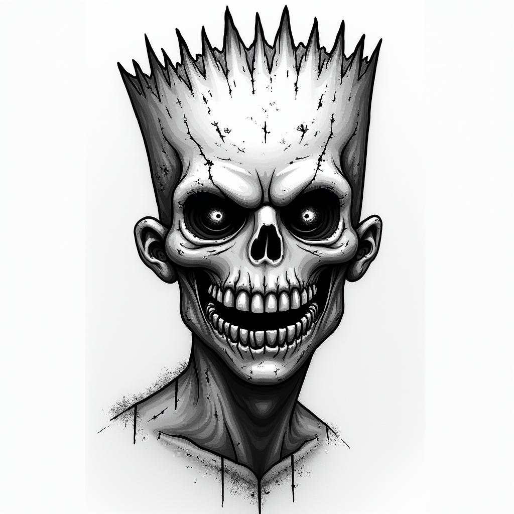 Bart Simpson in horror tattoo style, showcasing haunting and unsettling, dark and gritty textures with skulls, eerie faces, jgged designs, bold and intense shading - Variation 2