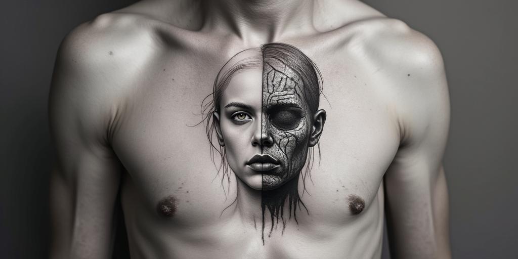 Make me a face, one side is a beautiful woman and the other side is a zombiein minimalist style tattoo, featuring simple shapes and fine lines, with minimal shading and details, tiny triangles, creating a sense of balance and harmony - Variation 5
