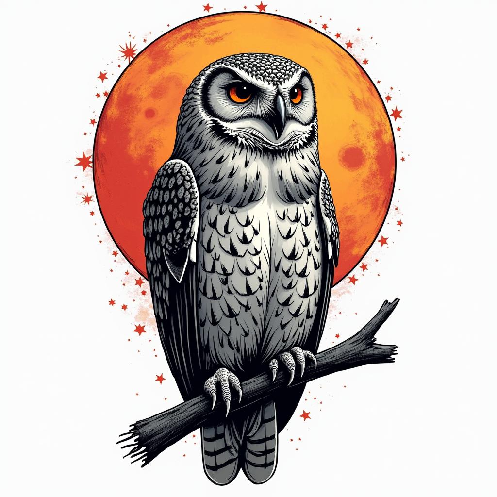 Owl on the full moonin pop art style tattoo, featuring bold and vibrant colors, exaggerated outlines, iconic imagery, inspired by comic books and speech bubbles, comic book characters, retro pop culture - Variation 1