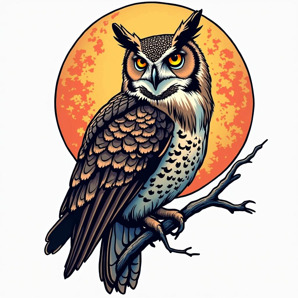 Owl on the full moonin pop art style tattoo, featuring bold and vibrant colors, exaggerated outlines, iconic imagery, inspired by comic books and speech bubbles, comic book characters, retro pop culture - Variation 2