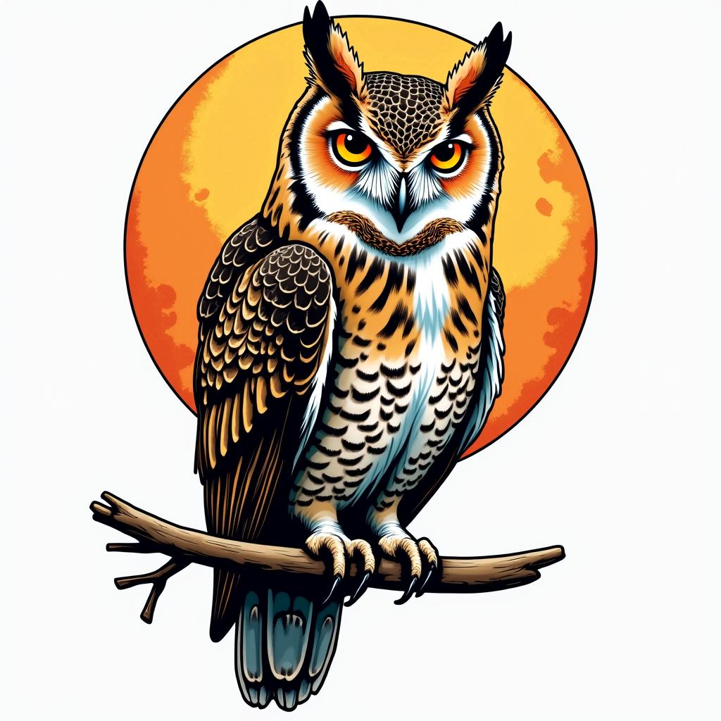 Owl on the full moonin pop art style tattoo, featuring bold and vibrant colors, exaggerated outlines, iconic imagery, inspired by comic books and speech bubbles, comic book characters, retro pop culture - Variation 3