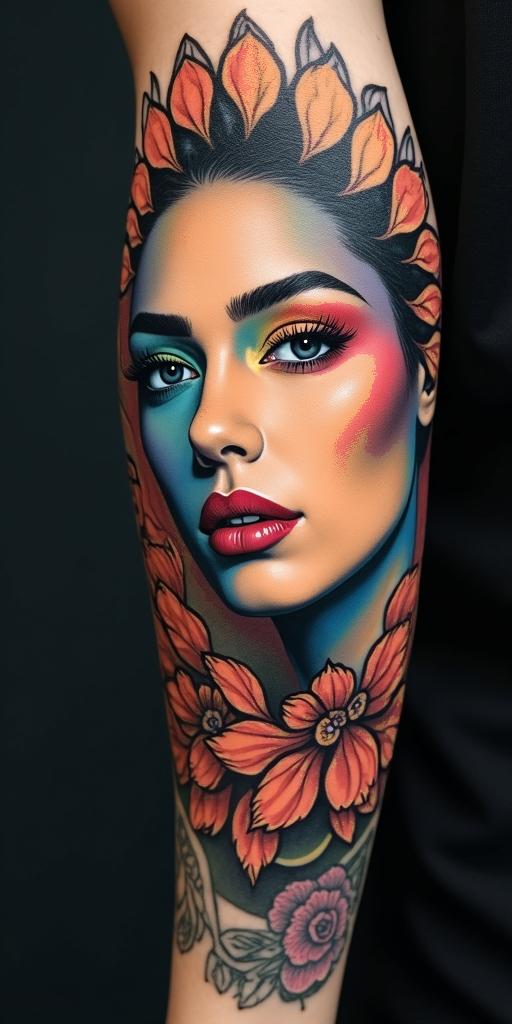 colored facein realism tattoo style, featuring a highly detailed, lifelike, capturing every detail, photorealistic, ultra realistic, intricate shading, smooth and sharp, - Variation 4