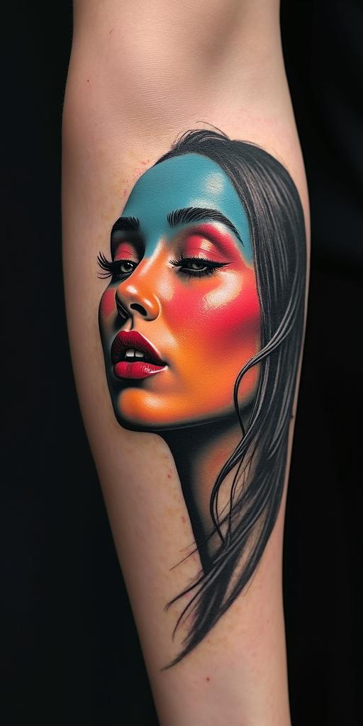 colored facein realism tattoo style, featuring a highly detailed, lifelike, capturing every detail, photorealistic, ultra realistic, intricate shading, smooth and sharp, - Variation 2