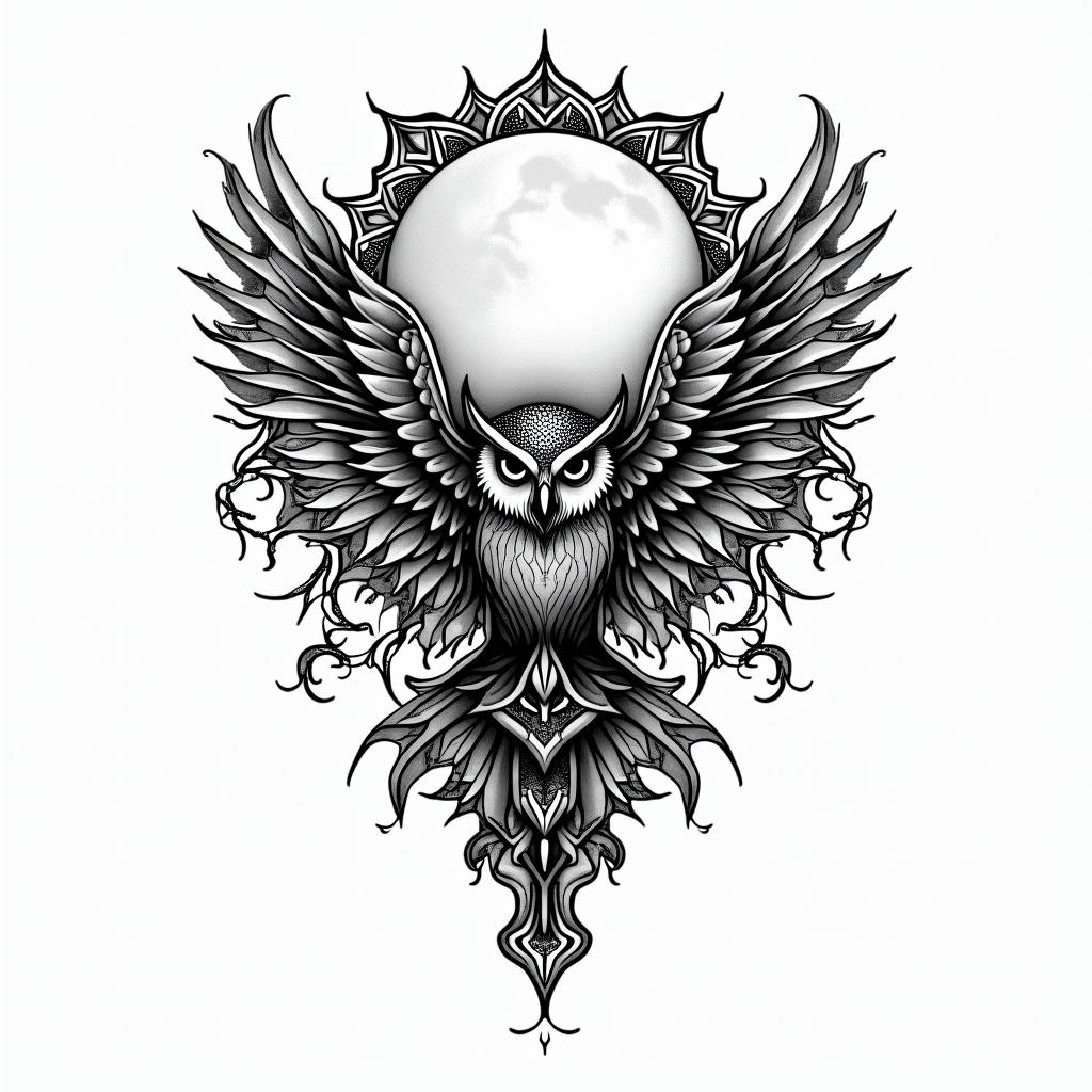 Owl in the full moonin dotwork style tattoo, complex mandala patterns, interlocking geometric shapes with sharp symmetry, clean lines, sharp angles - Variation 5