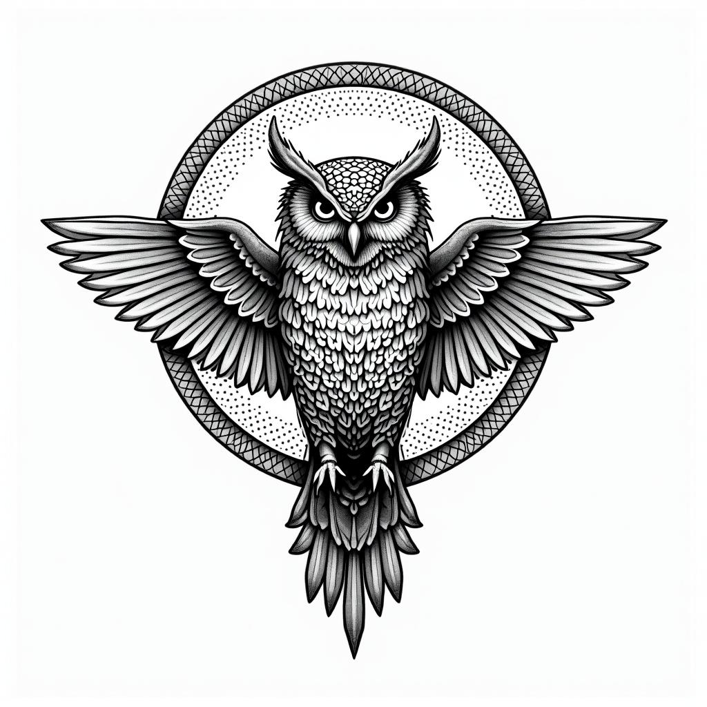 Owl in the full moonin dotwork style tattoo, complex mandala patterns, interlocking geometric shapes with sharp symmetry, clean lines, sharp angles - Variation 7