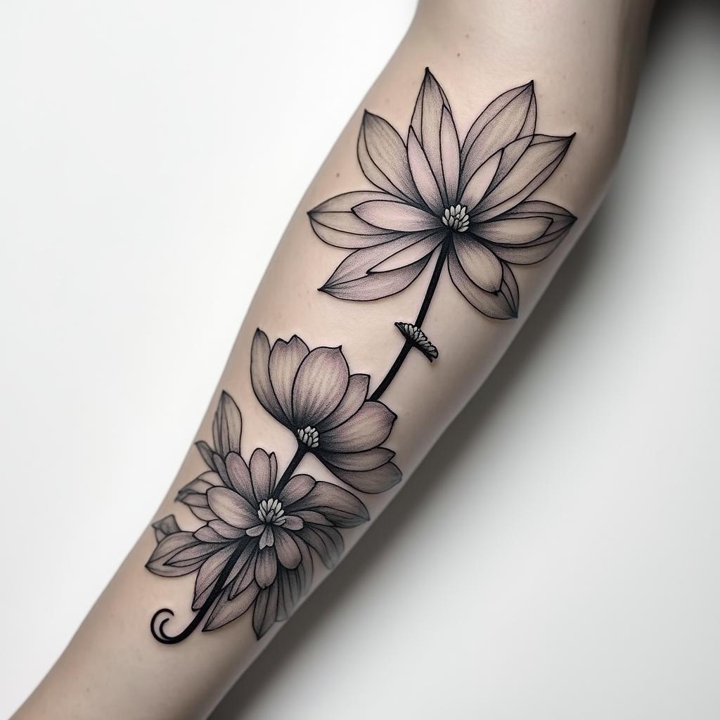 Tattoo on the forearm with the name Livio and the date of birth 05/03/2024 as well as a lotus flower and a few lotuses quite dense and contrasted.minimalist text-based tattoo, Monospace font ultra-realistic, perfectly placed, high-quality font design, photo-realistic shading, 8k, high quality, finely detailed typograph - Variation 4
