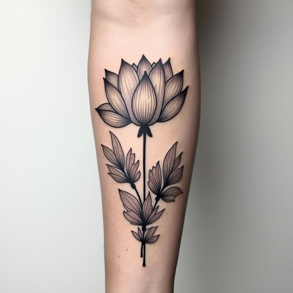Tattoo on the forearm with the name Livio and the date of birth 05/03/2024 as well as a lotus flower and a few lotuses quite dense and contrasted.minimalist text-based tattoo, Monospace font ultra-realistic, perfectly placed, high-quality font design, photo-realistic shading, 8k, high quality, finely detailed typograph - Variation 2