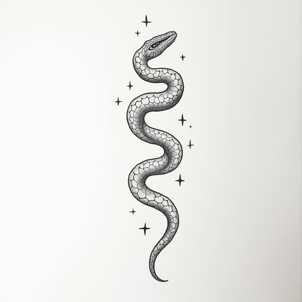Snake simplein minimalist style tattoo, featuring simple shapes and fine lines, with minimal shading and details, tiny triangles, creating a sense of balance and harmony - Variation 8