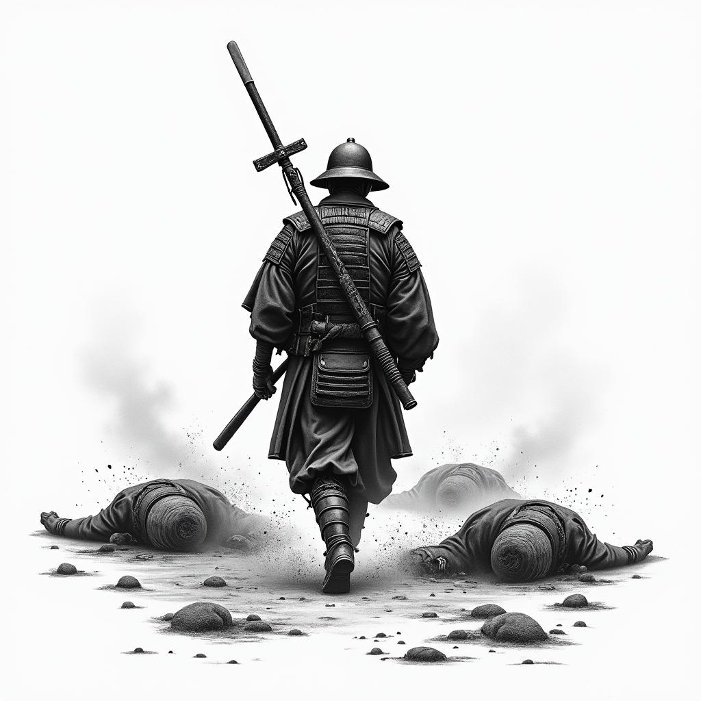 Last japanese soldier on a battlefield, walking away with the bodies behind himin japanese style tattoo, detailed tattoo, traditional japanese culture tattoo, mythology, 8k - Variation 3