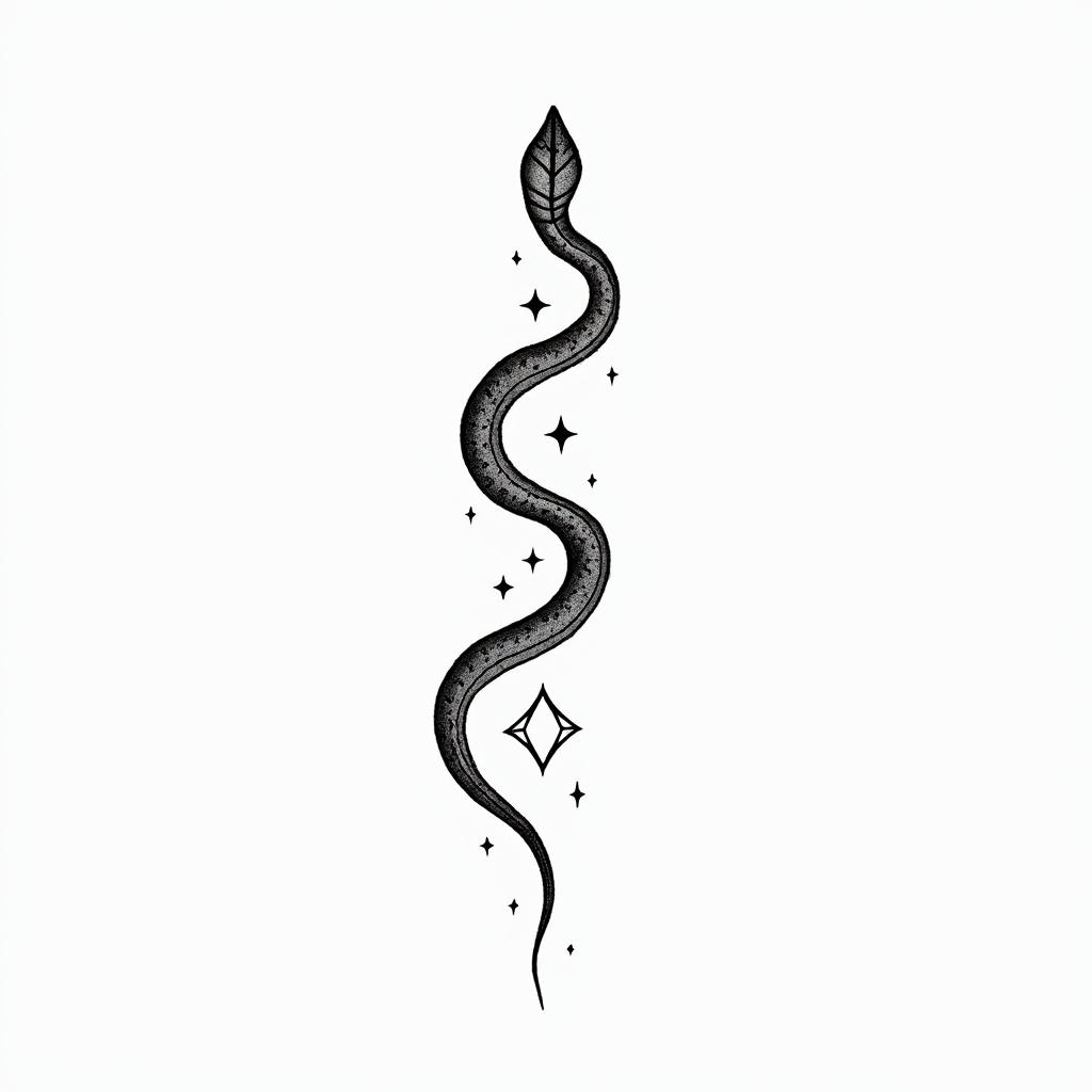 Snake simplein minimalist style tattoo, featuring simple shapes and fine lines, with minimal shading and details, tiny triangles, creating a sense of balance and harmony