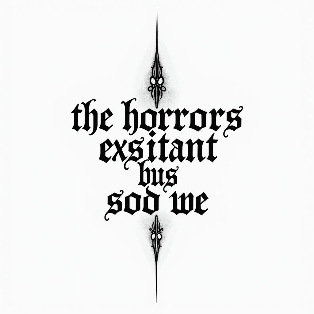 The horrors persist but so do weminimalist text-based tattoo, Monospace font ultra-realistic, perfectly placed, high-quality font design, photo-realistic shading, 8k, high quality, finely detailed typograph