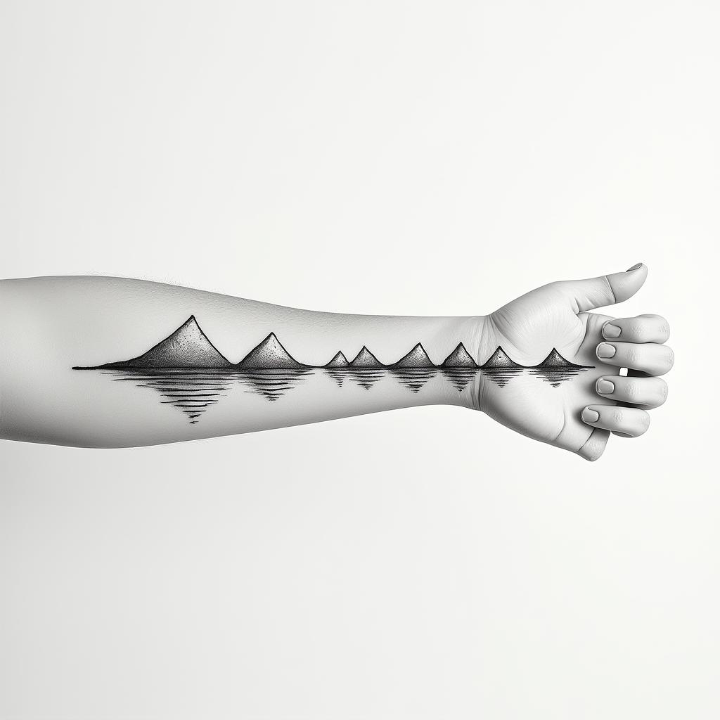 The word φιλότιμο stretched horizontally across my inner forearm with river streams around itin minimalist style tattoo, featuring simple shapes and fine lines, with minimal shading and details, tiny triangles, creating a sense of balance and harmony - Variation 3