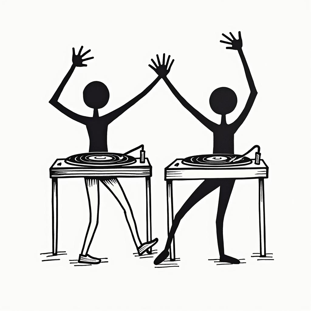 2 turn tables, vinyl recordsabstract dancing figures in Keith Haring style, featuring bold black outlines and solid color fills, figures posed in dynamic and playful dance movements, minimalist design - Variation 2