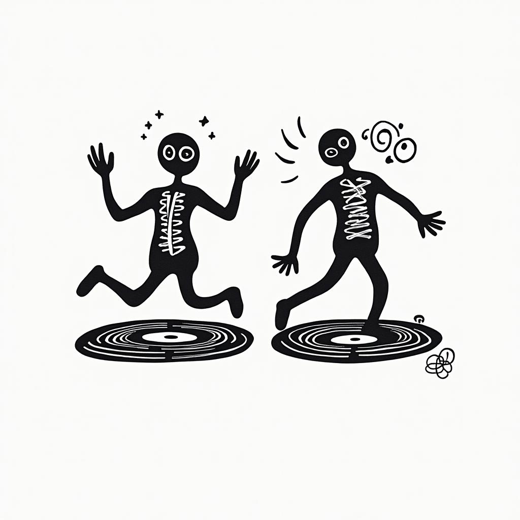 2 turn tables, vinyl recordsabstract dancing figures in Keith Haring style, featuring bold black outlines and solid color fills, figures posed in dynamic and playful dance movements, minimalist design