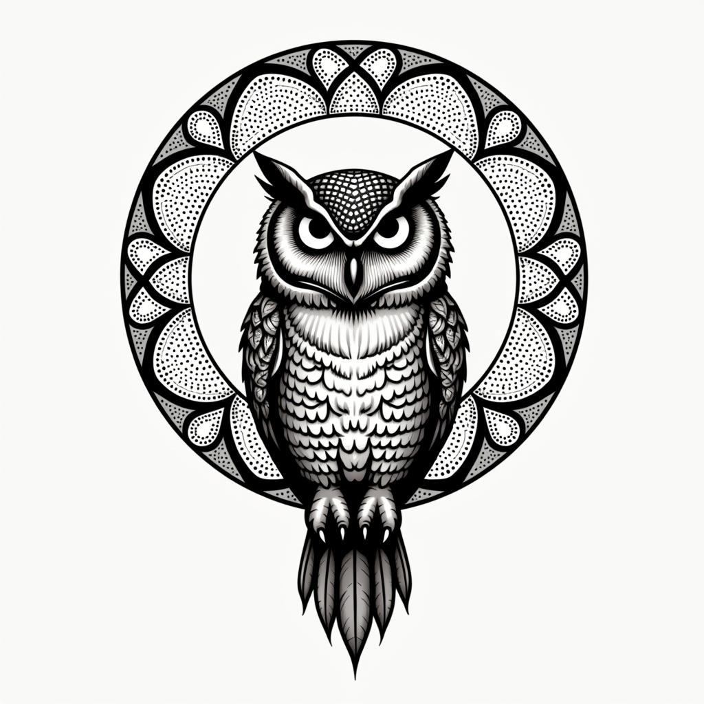 Owl in the full moonin dotwork style tattoo, complex mandala patterns, interlocking geometric shapes with sharp symmetry, clean lines, sharp angles - Variation 4