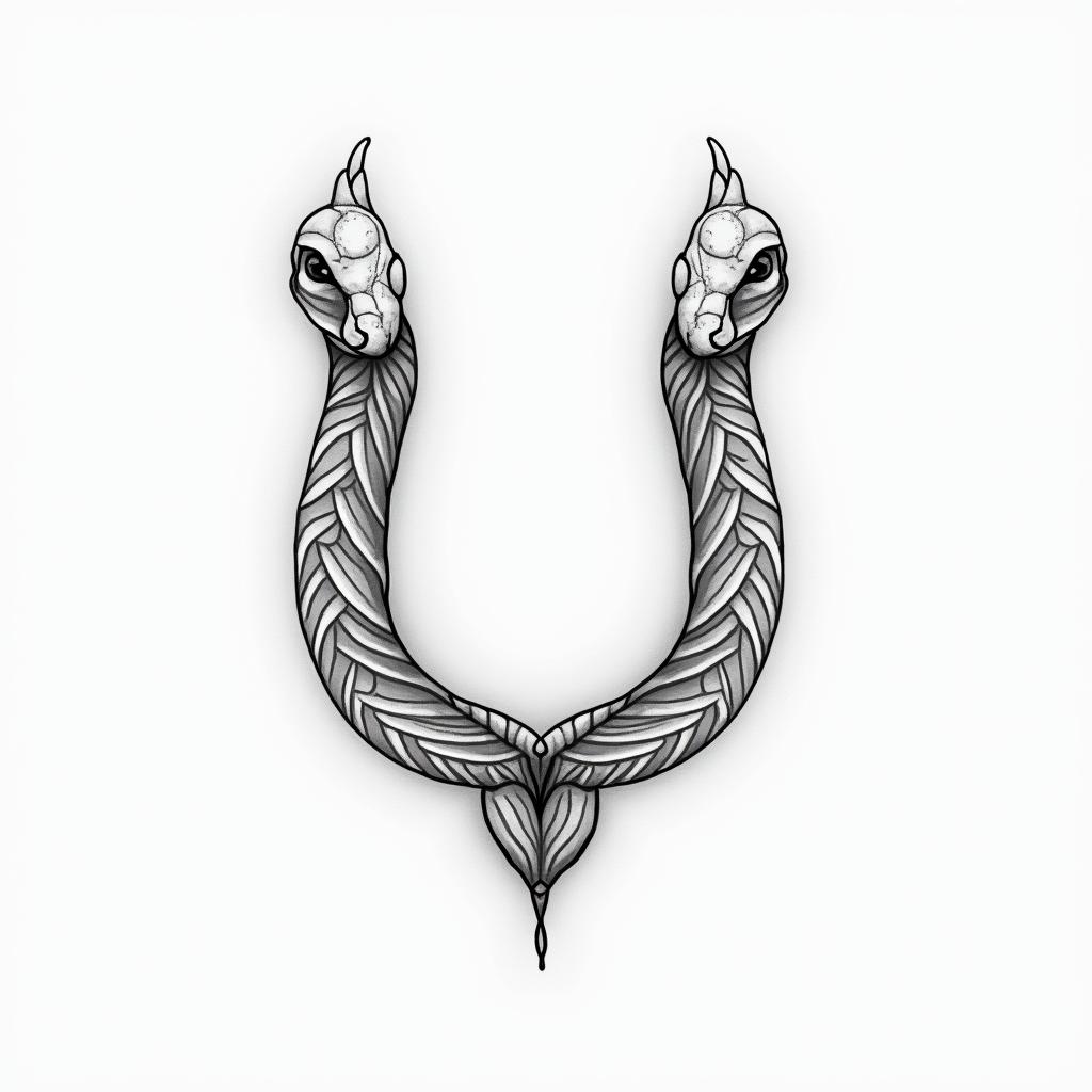 Snake u shapedin Modest style tattoo, featuring soft, delicate line work with simple and meaningful symbols, gentle waves, a heart, evoking a sense of serenity and grace,