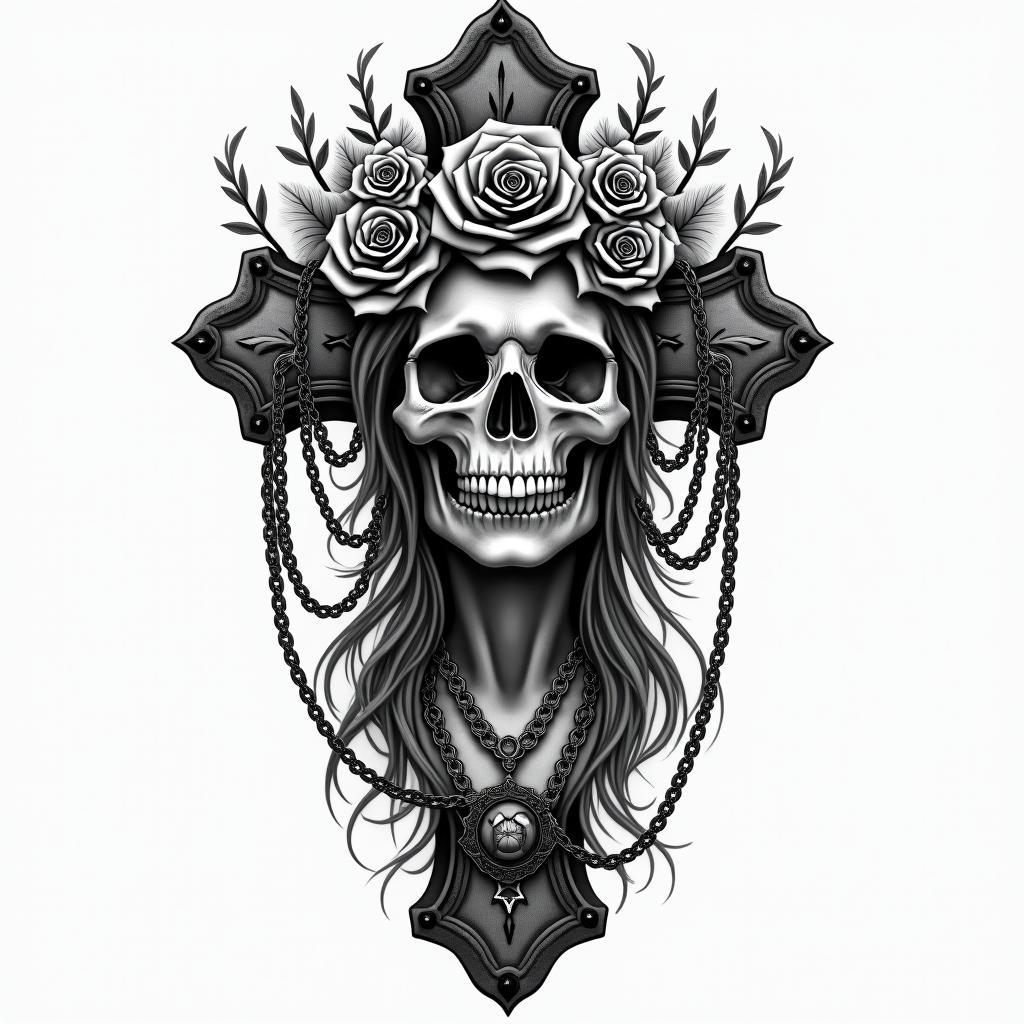 Apocalypse, strong, woman, survivor, pretty, invinciblein chicano style tattoo, featuring intricate black and grey shading, bold elements of traditional chicano culture symbols, add a big cross with skull, chains and roses - Variation 2