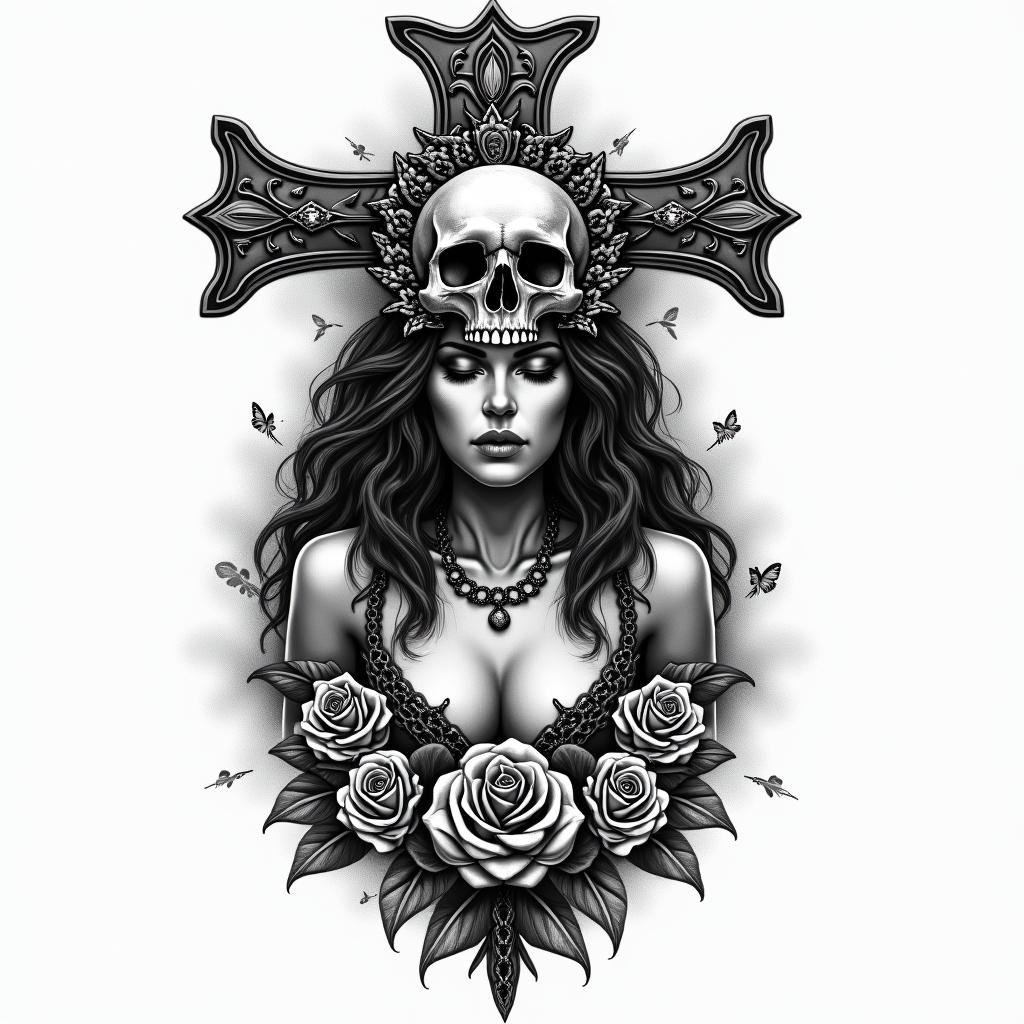 Apocalypse, strong, woman, survivor, pretty, invinciblein chicano style tattoo, featuring intricate black and grey shading, bold elements of traditional chicano culture symbols, add a big cross with skull, chains and roses