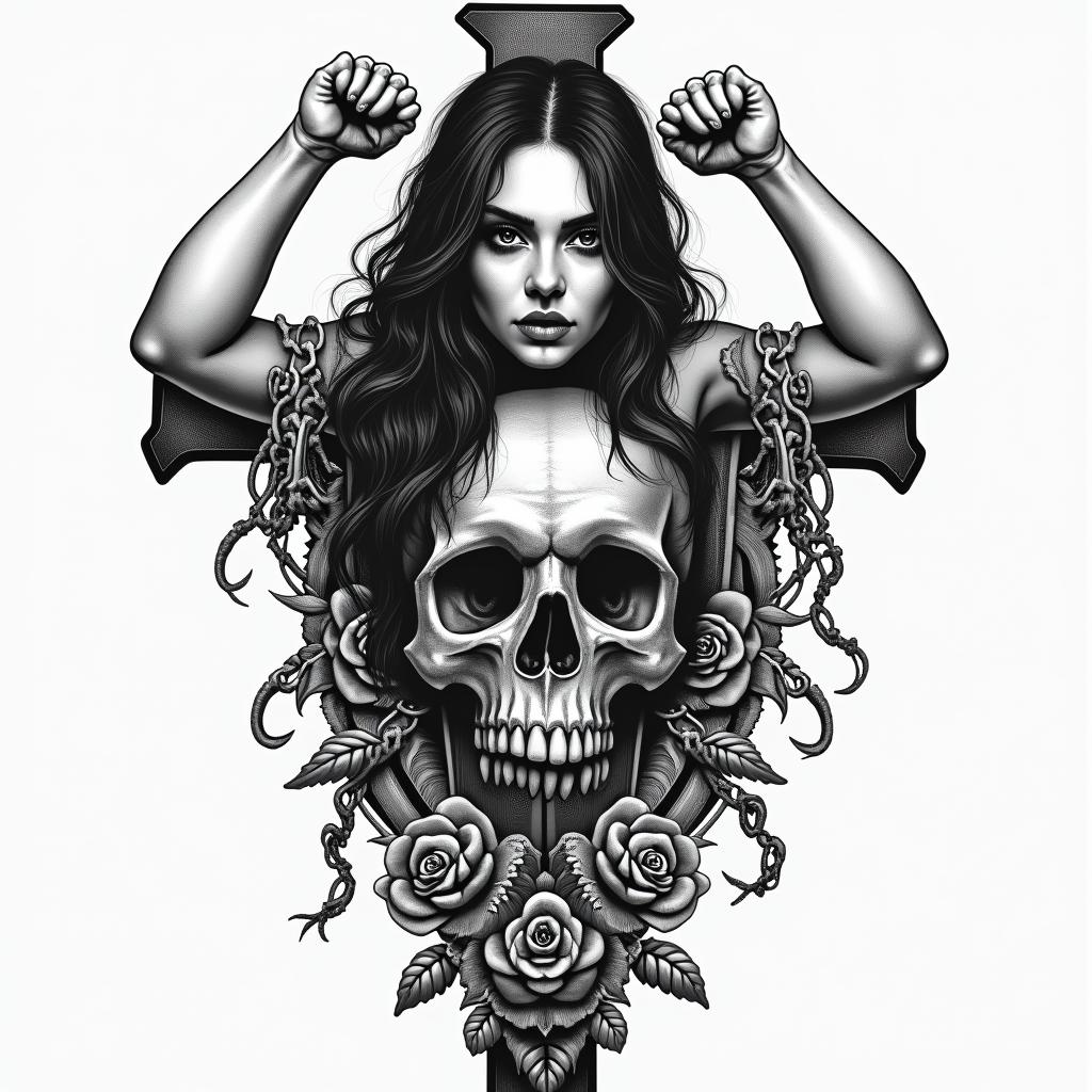 Apocalypse, strong, woman, survivor, pretty, invinciblein chicano style tattoo, featuring intricate black and grey shading, bold elements of traditional chicano culture symbols, add a big cross with skull, chains and roses - Variation 3