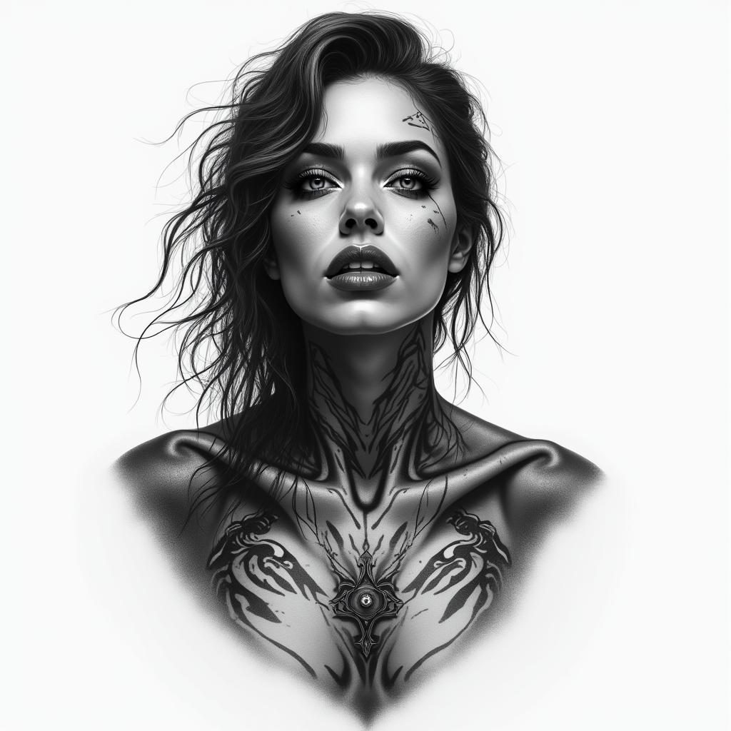 Apocalypse, strong, woman, survivor, pretty, invinciblein realism tattoo style, featuring a highly detailed, lifelike, capturing every detail, photorealistic, ultra realistic, intricate shading, smooth and sharp, - Variation 4