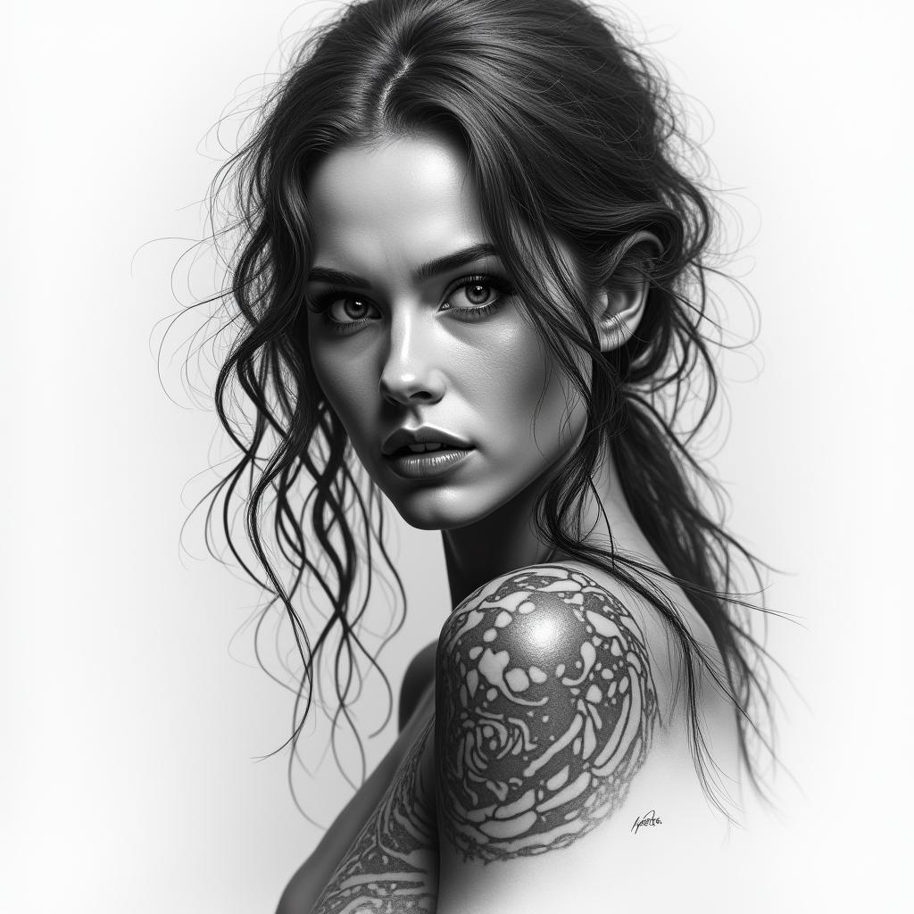 Apocalypse, strong, woman, survivor, pretty, invinciblein realism tattoo style, featuring a highly detailed, lifelike, capturing every detail, photorealistic, ultra realistic, intricate shading, smooth and sharp, - Variation 3