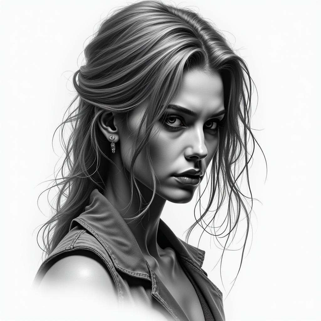 Apocalypse, strong, woman, survivor, pretty, invinciblein realism tattoo style, featuring a highly detailed, lifelike, capturing every detail, photorealistic, ultra realistic, intricate shading, smooth and sharp, - Variation 2