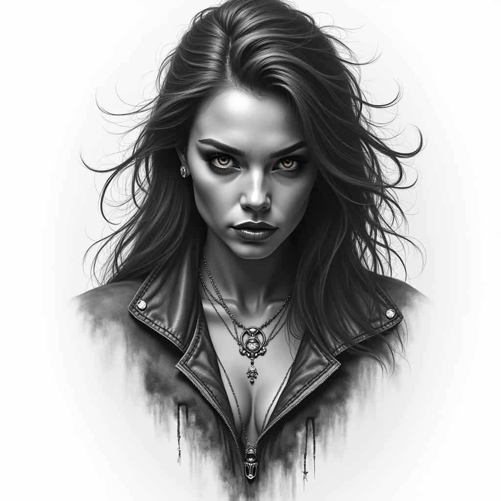Apocalypse, strong, woman, survivor, pretty, invinciblein realism tattoo style, featuring a highly detailed, lifelike, capturing every detail, photorealistic, ultra realistic, intricate shading, smooth and sharp,