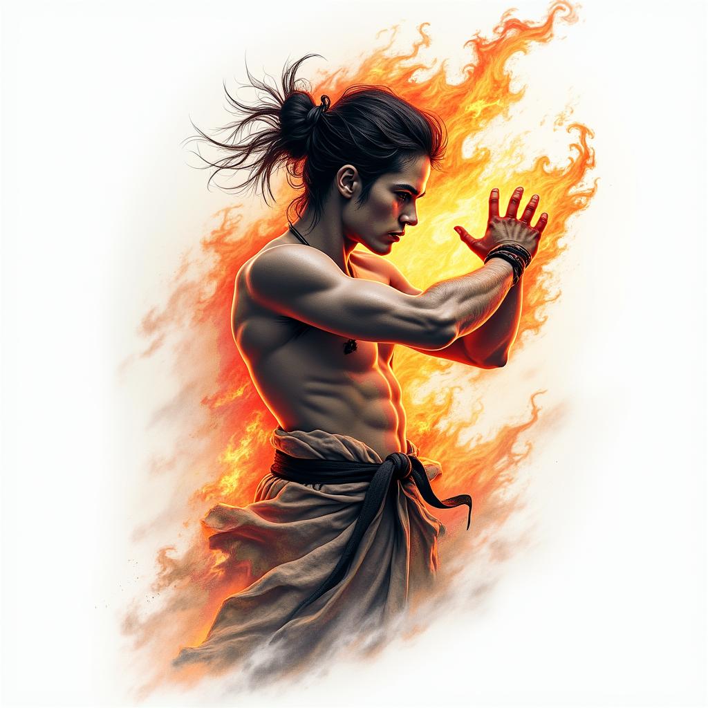 Force courage perseverance Gemini karatein flame tattoo style showcasing fiery elements with dynamic flame patterns, glowing effect of flames, natural colors