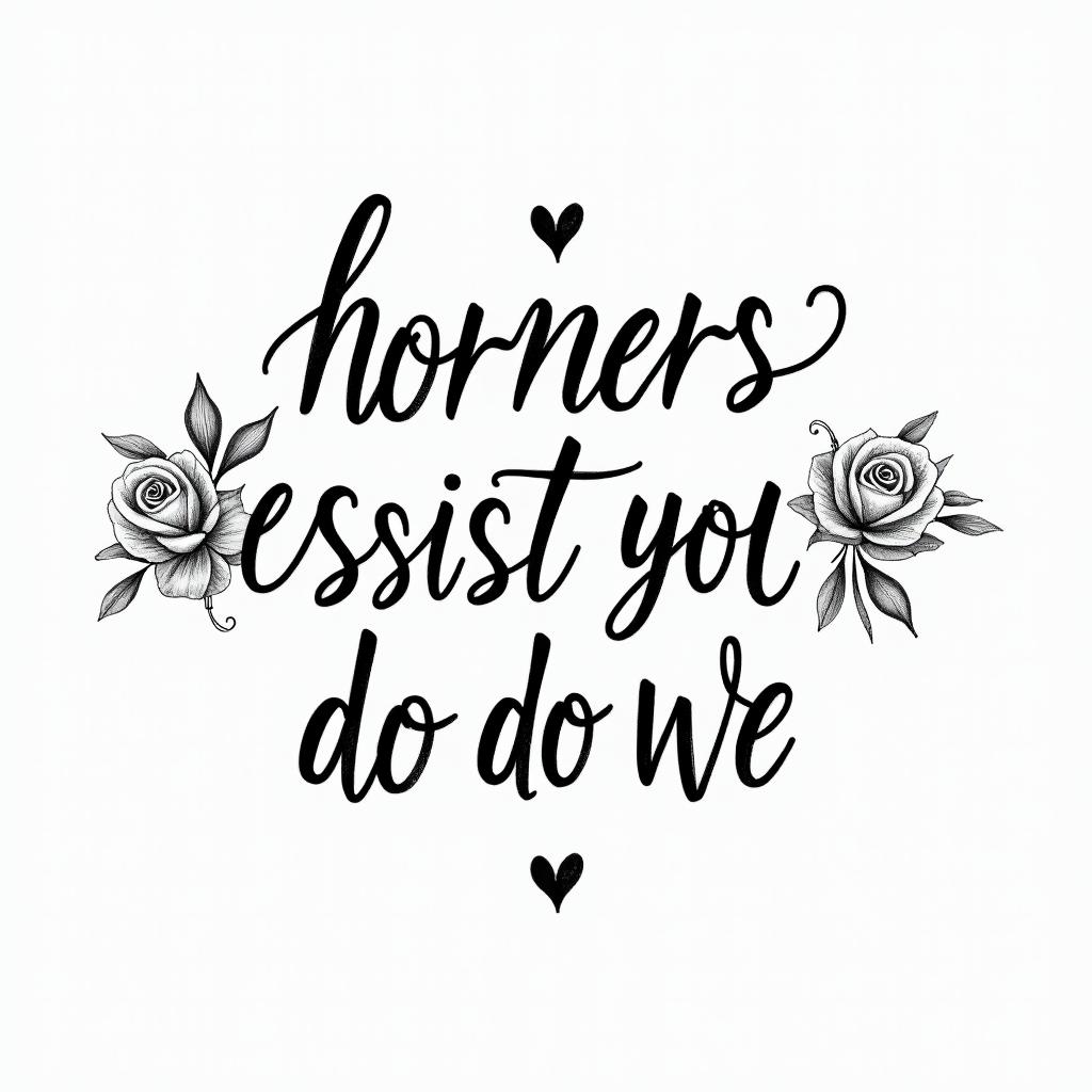 Text tattoo that says “The horrors persist but so do we”. It should be fine and have italic scriptin elegant cursive calligraphy style 2d tattoo, decorate with roses, featuring a smooth and flowing handwritten script with slightly thickened strokes for a luxurious and bold appearance,  heart symbol between names,  sleek and glossy black text with shadowing, minimalist matte white background, clean and sharp edges, illuminated with soft lighting, romantic, 8k, high-quality textures with refined typography - Variation 4