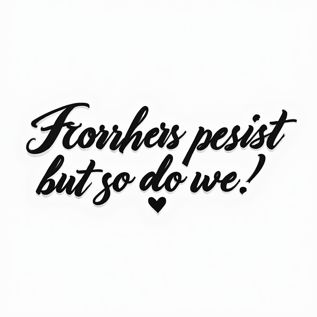 Text tattoo that says “The horrors persist but so do we”. It should be fine and have italic scriptin elegant cursive calligraphy style 2d tattoo, decorate with roses, featuring a smooth and flowing handwritten script with slightly thickened strokes for a luxurious and bold appearance,  heart symbol between names,  sleek and glossy black text with shadowing, minimalist matte white background, clean and sharp edges, illuminated with soft lighting, romantic, 8k, high-quality textures with refined typography - Variation 2