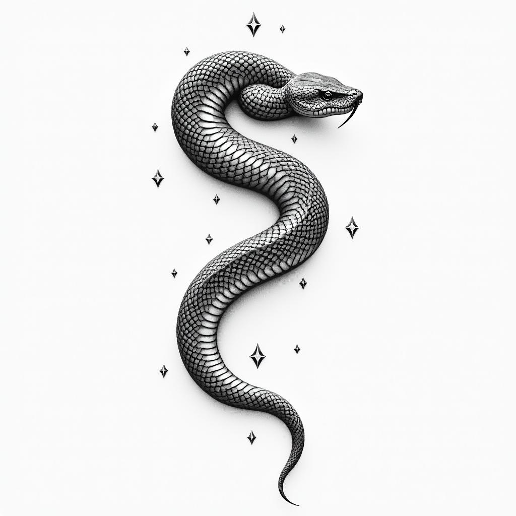 Snake around neckin minimalist style tattoo, featuring simple shapes and fine lines, with minimal shading and details, tiny triangles, creating a sense of balance and harmony - Variation 8
