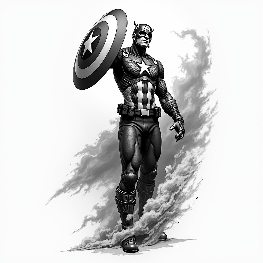 Captain America with his shield raisedin japanese style tattoo, detailed tattoo, traditional japanese culture tattoo, mythology, 8k - Variation 2