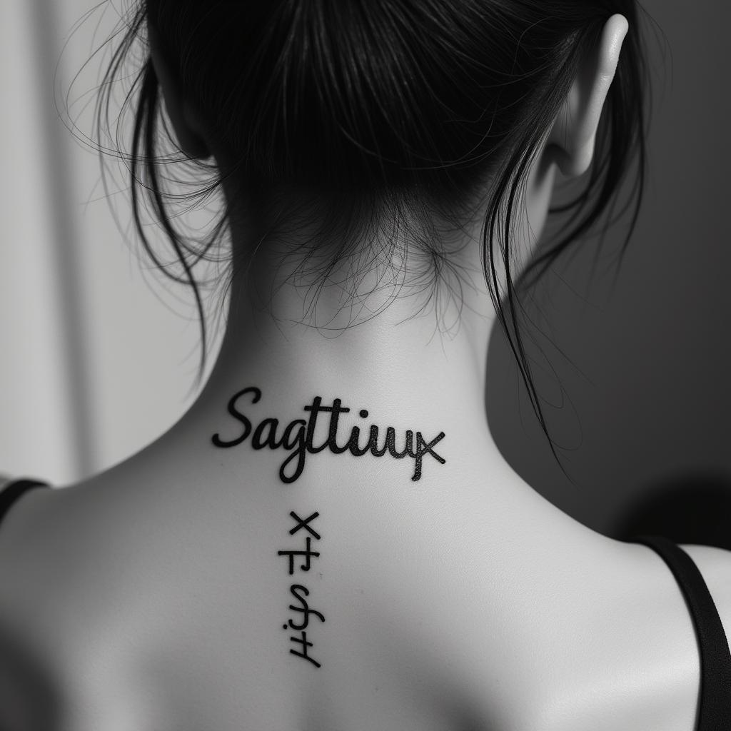 Sagittariustext-based tattoo, japanese font ultra-realistic, perfectly placed, high-quality font design, photo-realistic shading, 8k, high quality, finely detailed typograph - Variation 6