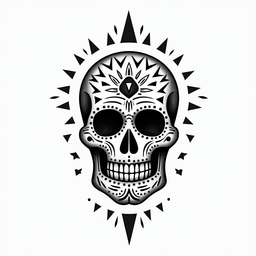Mayan, sugar skullin minimalist style tattoo, featuring simple shapes and fine lines, with minimal shading and details, tiny triangles, creating a sense of balance and harmony - Variation 8