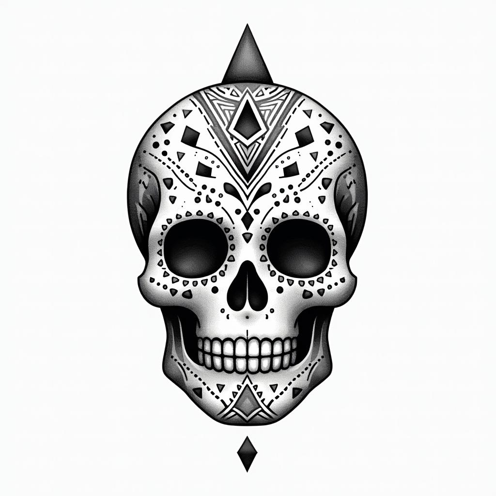 Mayan, sugar skullin minimalist style tattoo, featuring simple shapes and fine lines, with minimal shading and details, tiny triangles, creating a sense of balance and harmony - Variation 6