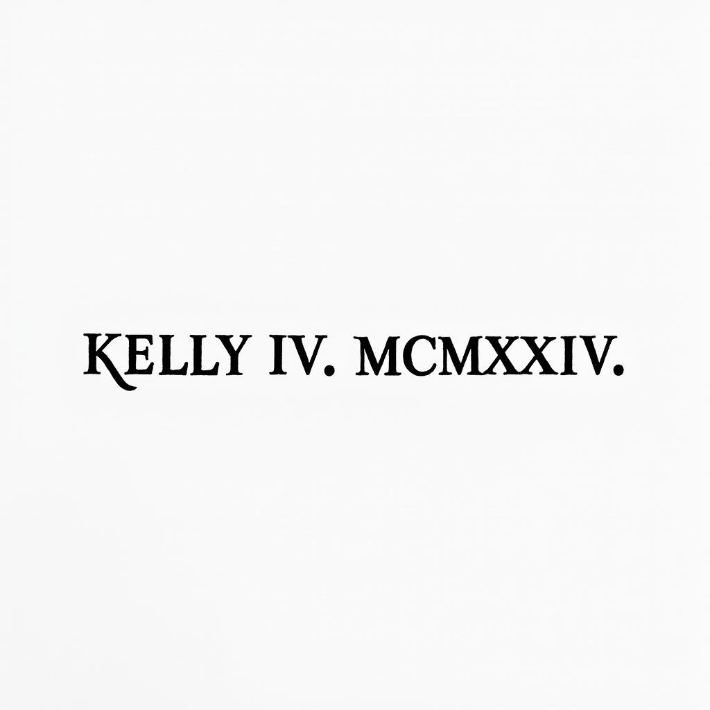 Kelly L.IV.MCMLXXXIVminimalist text-based tattoo, Monospace font ultra-realistic, perfectly placed, high-quality font design, photo-realistic shading, 8k, high quality, finely detailed typograph - Variation 2