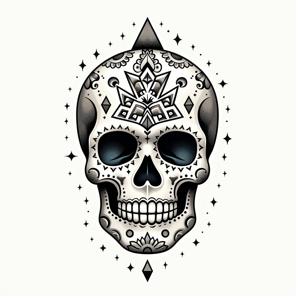 Mayan, sugar skullin minimalist style tattoo, featuring simple shapes and fine lines, with minimal shading and details, tiny triangles, creating a sense of balance and harmony - Variation 3