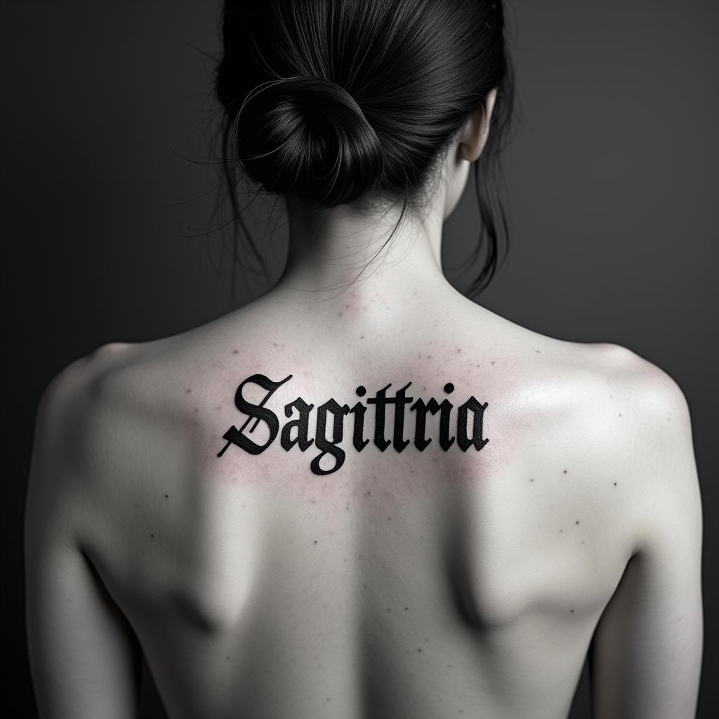 Sagittariustext-based tattoo, japanese font ultra-realistic, perfectly placed, high-quality font design, photo-realistic shading, 8k, high quality, finely detailed typograph - Variation 2
