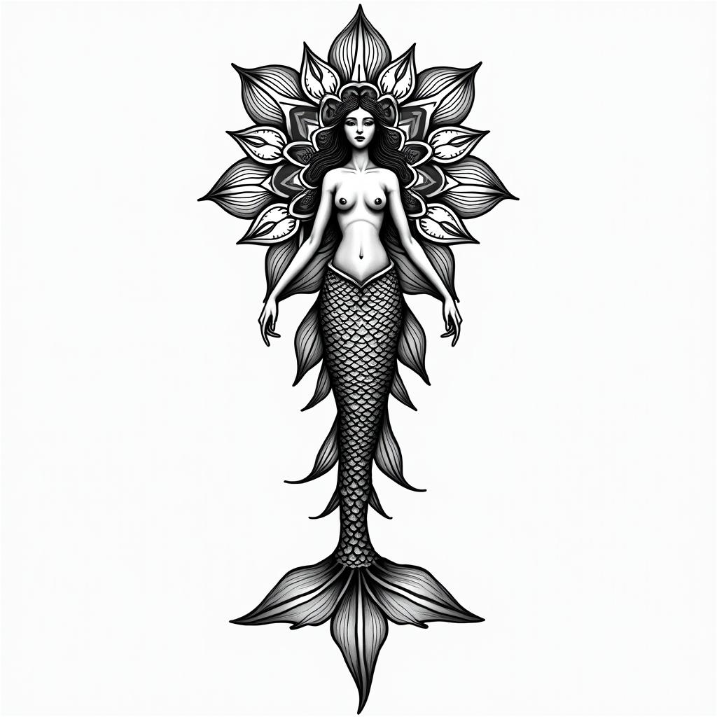 Mermaid, darkin dotwork style tattoo, complex mandala patterns, interlocking geometric shapes with sharp symmetry, clean lines, sharp angles - Variation 3