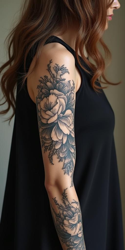 Elainein victorian style tattoo, featuring vintage and elegant elements, ornate frames, roses, antique, sepia-toned color scheme - Variation 4