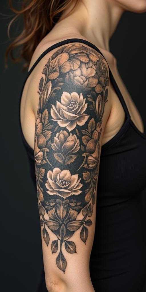 Elainein victorian style tattoo, featuring vintage and elegant elements, ornate frames, roses, antique, sepia-toned color scheme - Variation 3
